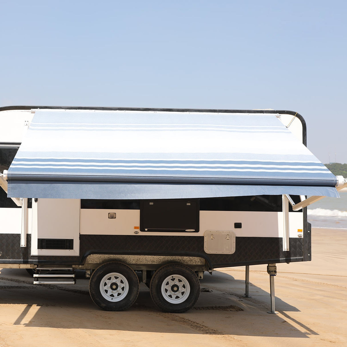 AWNLUX Electric RV Patio Awning - White Frame - AWNLUX 6 Colors and 14 size options. Fitting RV ranging from 8' to 21' and available in 6 color fabrics. Motorized Modular Retractable RV Awnings are designed to help meet the needs of your RV’s size and your personal style preferences. Our power RV awning are able to be suitable and applied with other major awning brands, it's compatible with Solera, Dometic and Carefree awnings.