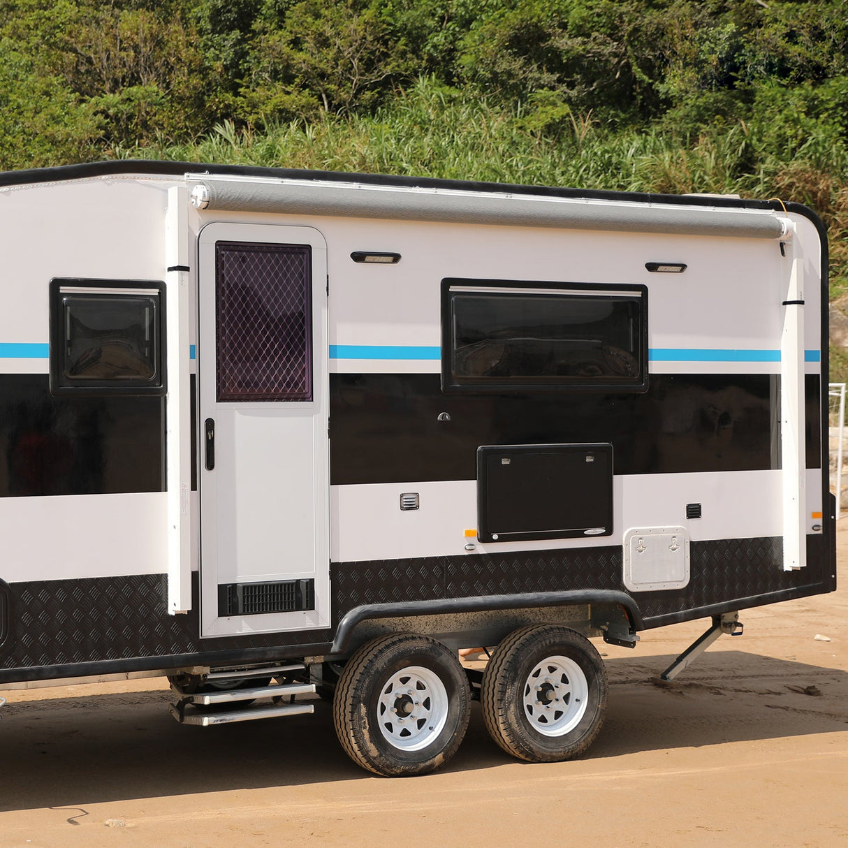 AWNLUX Electric RV Patio Awning - White Frame - AWNLUX 6 Colors and 14 size options. Fitting RV ranging from 8' to 21' and available in 6 color fabrics. Motorized Modular Retractable RV Awnings are designed to help meet the needs of your RV’s size and your personal style preferences. Our power RV awning are able to be suitable and applied with other major awning brands, it's compatible with Solera, Dometic and Carefree awnings.