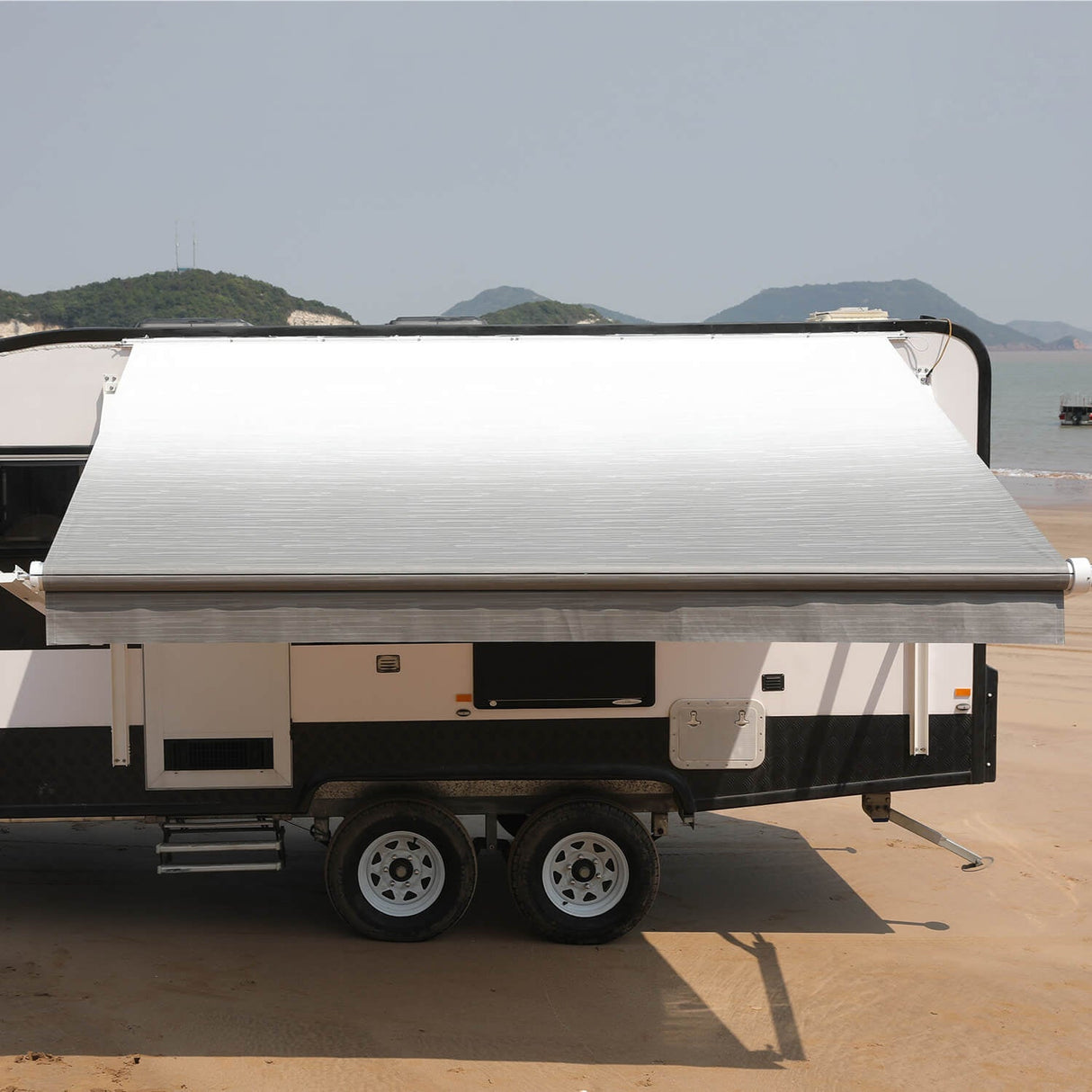 AWNLUX Electric RV Patio Awning - White Frame - AWNLUX 6 Colors and 14 size options. Fitting RV ranging from 8' to 21' and available in 6 color fabrics. Motorized Modular Retractable RV Awnings are designed to help meet the needs of your RV’s size and your personal style preferences. Our power RV awning are able to be suitable and applied with other major awning brands, it's compatible with Solera, Dometic and Carefree awnings.