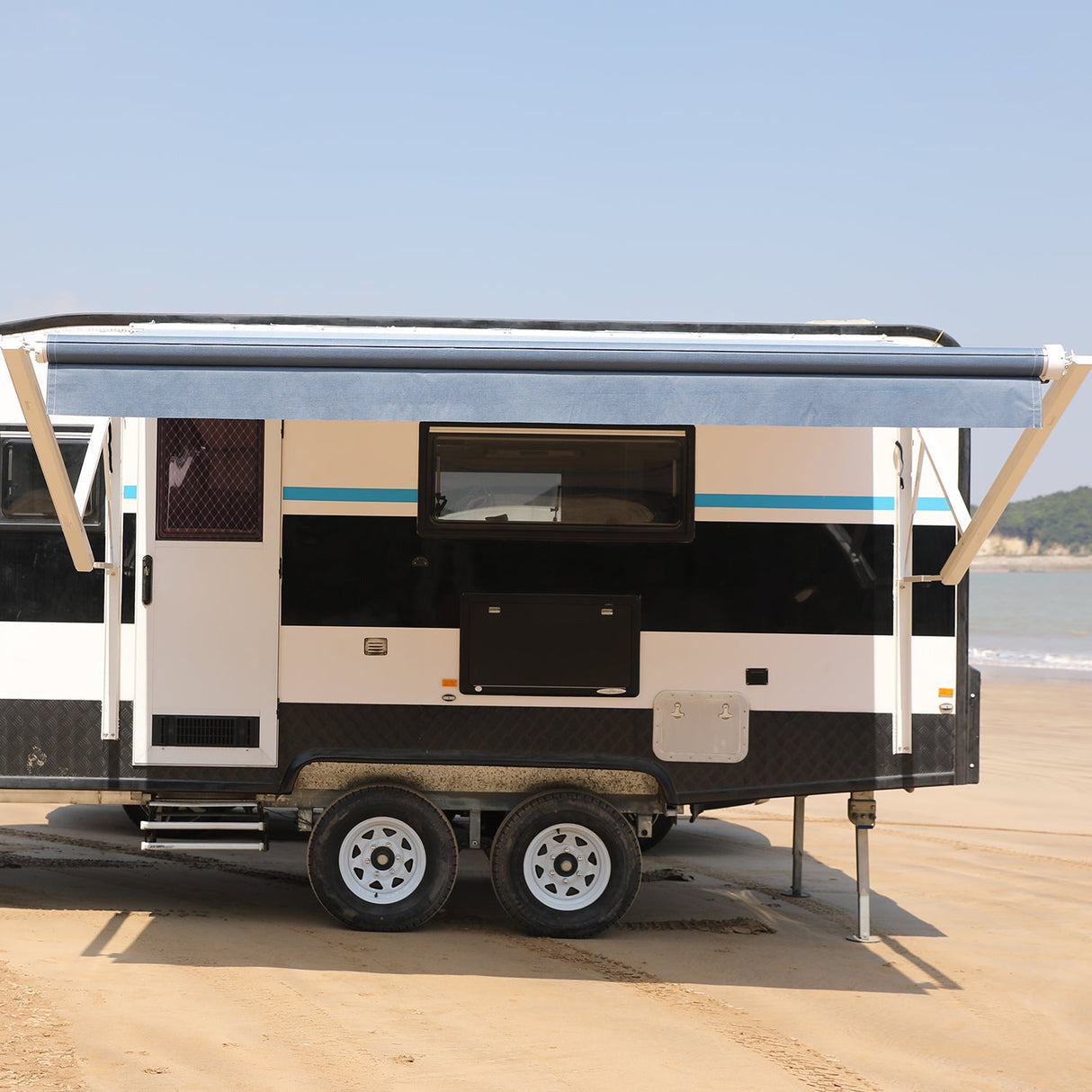 AWNLUX Electric RV Patio Awning - White Frame - AWNLUX 6 Colors and 14 size options. Fitting RV ranging from 8' to 21' and available in 6 color fabrics. Motorized Modular Retractable RV Awnings are designed to help meet the needs of your RV’s size and your personal style preferences. Our power RV awning are able to be suitable and applied with other major awning brands, it's compatible with Solera, Dometic and Carefree awnings.
