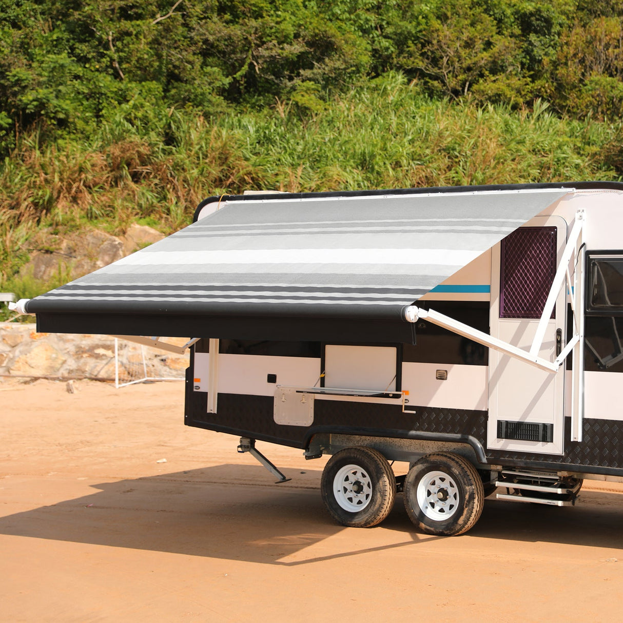 AWNLUX Electric RV Patio Awning - White Frame - AWNLUX 6 Colors and 14 size options. Fitting RV ranging from 8' to 21' and available in 6 color fabrics. Motorized Modular Retractable RV Awnings are designed to help meet the needs of your RV’s size and your personal style preferences. Our power RV awning are able to be suitable and applied with other major awning brands, it's compatible with Solera, Dometic and Carefree awnings.