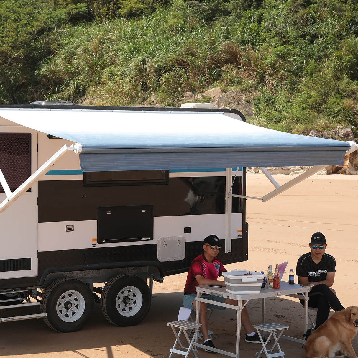 AWNLUX Electric RV Patio Awning - White Frame - AWNLUX 6 Colors and 14 size options. Fitting RV ranging from 8' to 21' and available in 6 color fabrics. Motorized Modular Retractable RV Awnings are designed to help meet the needs of your RV’s size and your personal style preferences. Our power RV awning are able to be suitable and applied with other major awning brands, it's compatible with Solera, Dometic and Carefree awnings.