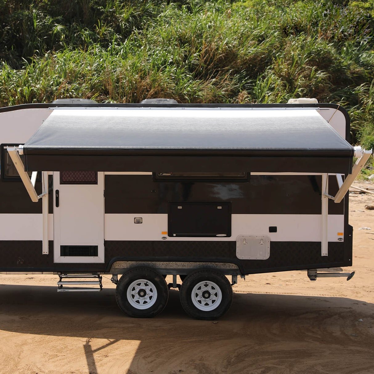 AWNLUX Electric RV Patio Awning - White Frame - AWNLUX 6 Colors and 14 size options. Fitting RV ranging from 8' to 21' and available in 6 color fabrics. Motorized Modular Retractable RV Awnings are designed to help meet the needs of your RV’s size and your personal style preferences. Our power RV awning are able to be suitable and applied with other major awning brands, it's compatible with Solera, Dometic and Carefree awnings.