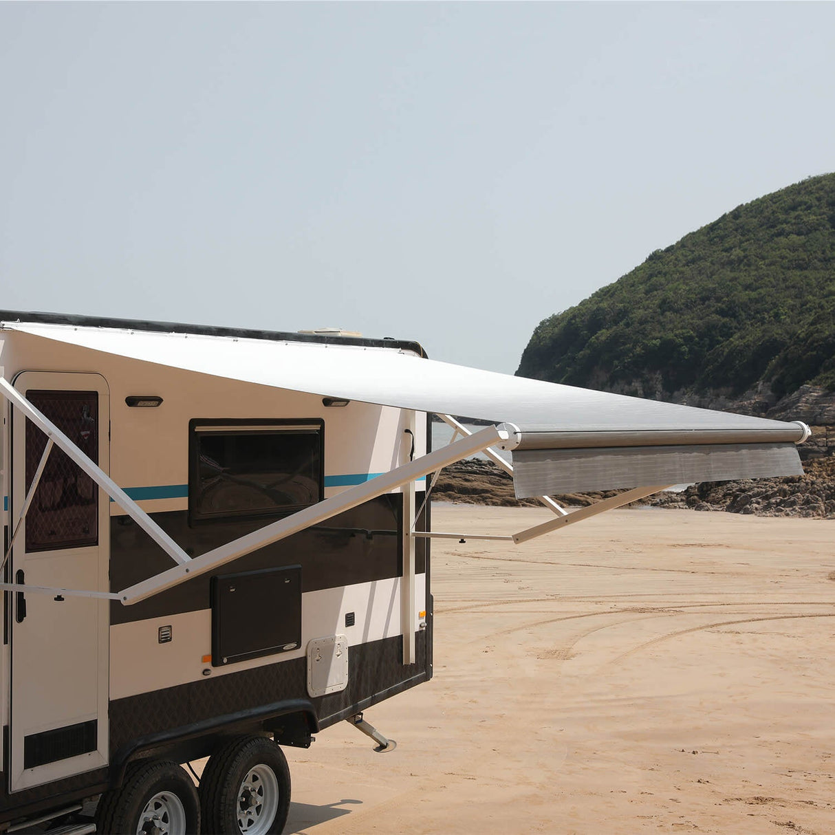 AWNLUX Electric RV Patio Awning - White Frame - AWNLUX 6 Colors and 14 size options. Fitting RV ranging from 8' to 21' and available in 6 color fabrics. Motorized Modular Retractable RV Awnings are designed to help meet the needs of your RV’s size and your personal style preferences. Our power RV awning are able to be suitable and applied with other major awning brands, it's compatible with Solera, Dometic and Carefree awnings.