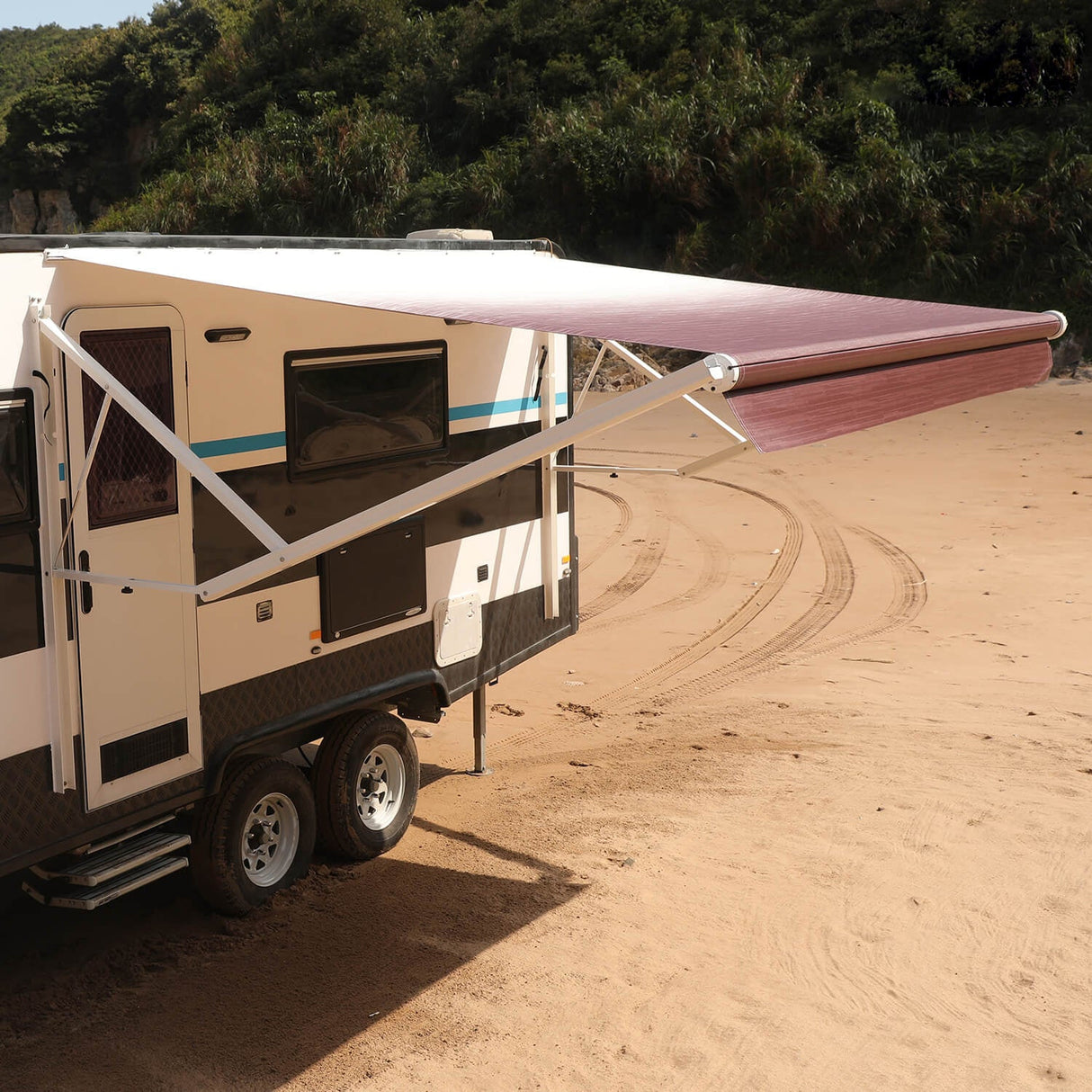 AWNLUX Electric RV Patio Awning - White Frame - AWNLUX 6 Colors and 14 size options. Fitting RV ranging from 8' to 21' and available in 6 color fabrics. Motorized Modular Retractable RV Awnings are designed to help meet the needs of your RV’s size and your personal style preferences. Our power RV awning are able to be suitable and applied with other major awning brands, it's compatible with Solera, Dometic and Carefree awnings.