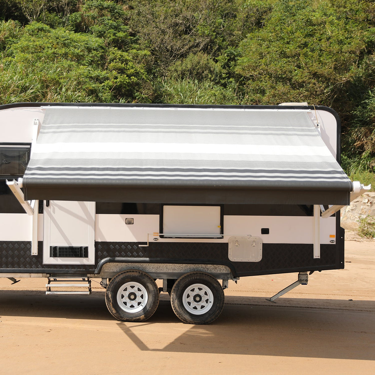 AWNLUX Electric RV Patio Awning - White Frame - AWNLUX 6 Colors and 14 size options. Fitting RV ranging from 8' to 21' and available in 6 color fabrics. Motorized Modular Retractable RV Awnings are designed to help meet the needs of your RV’s size and your personal style preferences. Our power RV awning are able to be suitable and applied with other major awning brands, it's compatible with Solera, Dometic and Carefree awnings.