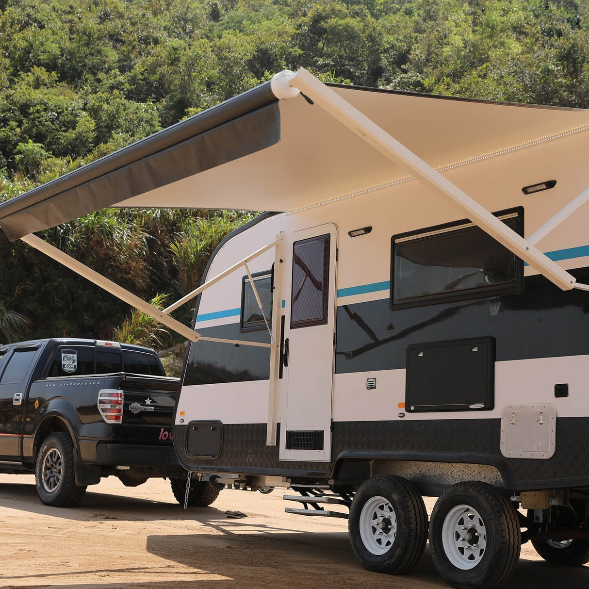 AWNLUX Electric RV Patio Awning - White Frame - AWNLUX 6 Colors and 14 size options. Fitting RV ranging from 8' to 21' and available in 6 color fabrics. Motorized Modular Retractable RV Awnings are designed to help meet the needs of your RV’s size and your personal style preferences. Our power RV awning are able to be suitable and applied with other major awning brands, it's compatible with Solera, Dometic and Carefree awnings.