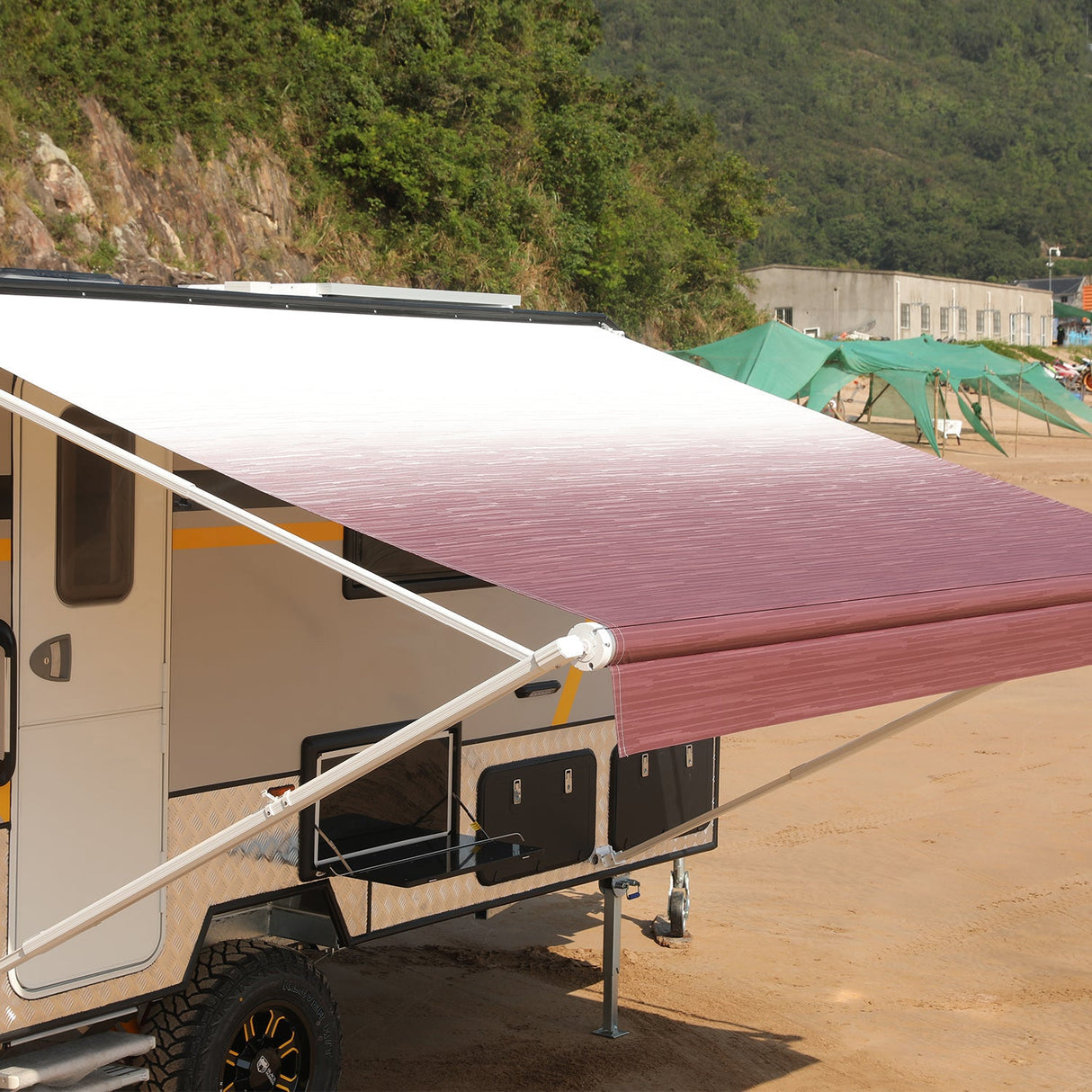 AWNLUX RV Awning Fabric - Burgundy Fade - AWNLUX Our RV awning replacement fabric is made from an 16 oz. military-grade coated vinyl, is UV/mildew resistant as well as anti-microbial.