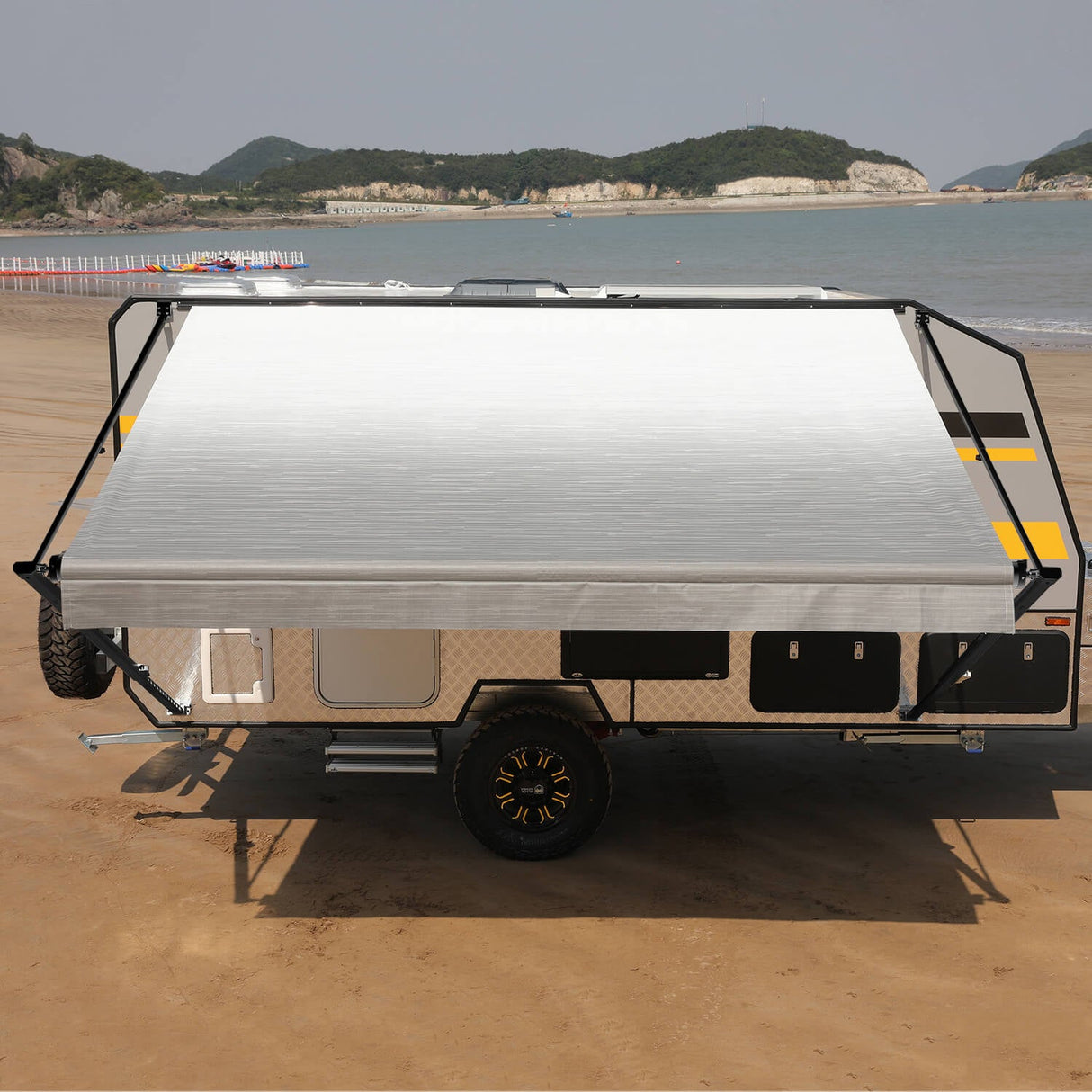 AWNLUX RV Patio Manual Awning - Black Frame - AWNLUX Camper RV Awning Supplier China — UV-proof, water-proof, mildew-proof long lasting color fabric, lightweight aluminum alloy.
