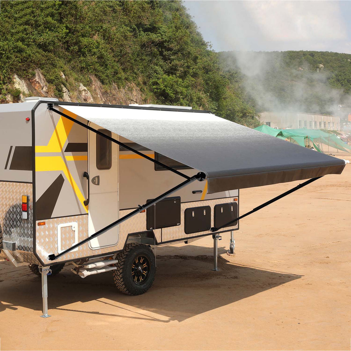 AWNLUX RV Patio Manual Awning - Black Frame - AWNLUX Camper RV Awning Supplier China — UV-proof, water-proof, mildew-proof long lasting color fabric, lightweight aluminum alloy.