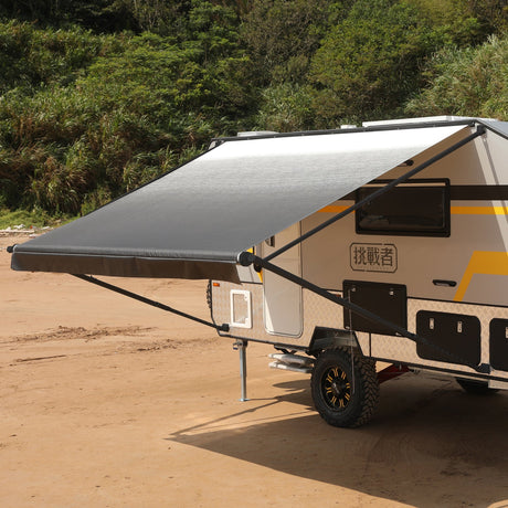 AWNLUX RV Patio Manual Awning - Black Frame - AWNLUX Camper Awning China Supplier — UV-proof, water-proof, mildew-proof long lasting color fabric, lightweight aluminum alloy.
