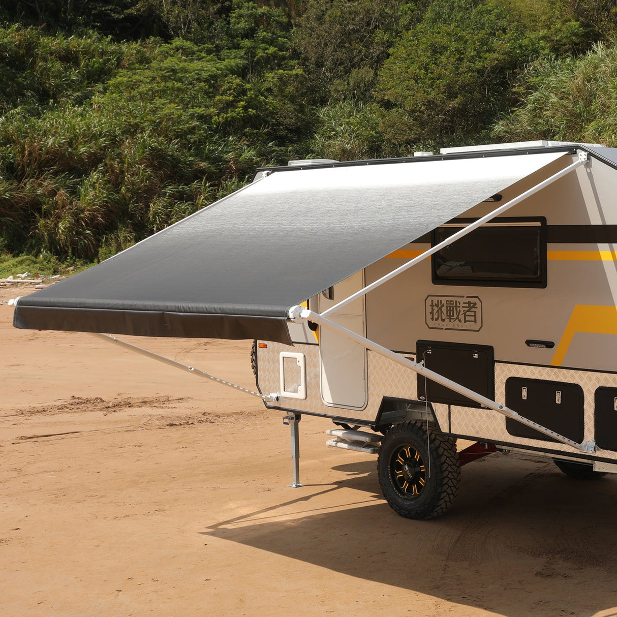 AWNLUX RV Patio Manual Awning - White Frame - AWNLUX Our RV awning replacement fabric is made from an 16 oz. military-grade coated vinyl, is UV/mildew resistant as well as anti-microbial.  AWNLUX manual rv awning complete kit can replace Shadepro, Recpro,Solera, Dometic, Lippert, Camping world brands rv awning kits.