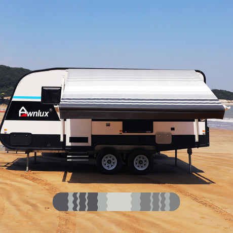AWNLUX RV Awning Fabric - Black Stripe - AWNLUX Awnlux RV awning fabric replacement is the heaviest-duty RV awning fabric in RV awning market. The top fabric uses an ultrasonic welding process to make the awning fabric completely fused and more stable.