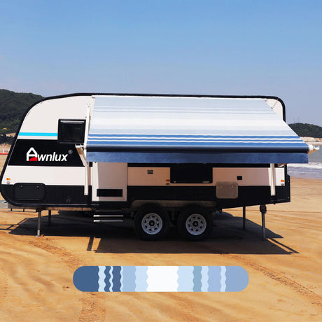 AWNLUX RV Awning Fabric - Blue Strip - AWNLUX Our RV awning replacement fabric is made from an 16 oz. military-grade coated vinyl, is UV/mildew resistant as well as anti-microbial.
