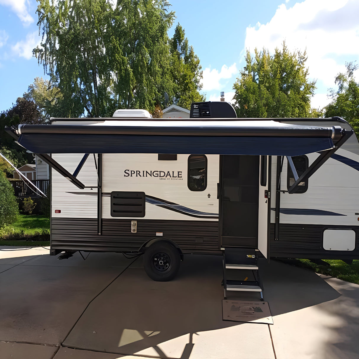 Easily extend or retract the RV awning by pulling the strap. It provides 100% UV-proof and waterproof protection, making it your ideal travel companion. AWNLUX Electric RV Patio Awning - Black Frame - AWNLUX