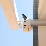 AWNLUX Electric RV Patio Awning - White Frame - AWNLUX Security Lock
Open the security lock, you can fix the awning at any angle you want. Release the lock, and the awning can be opened and retracted at any time.