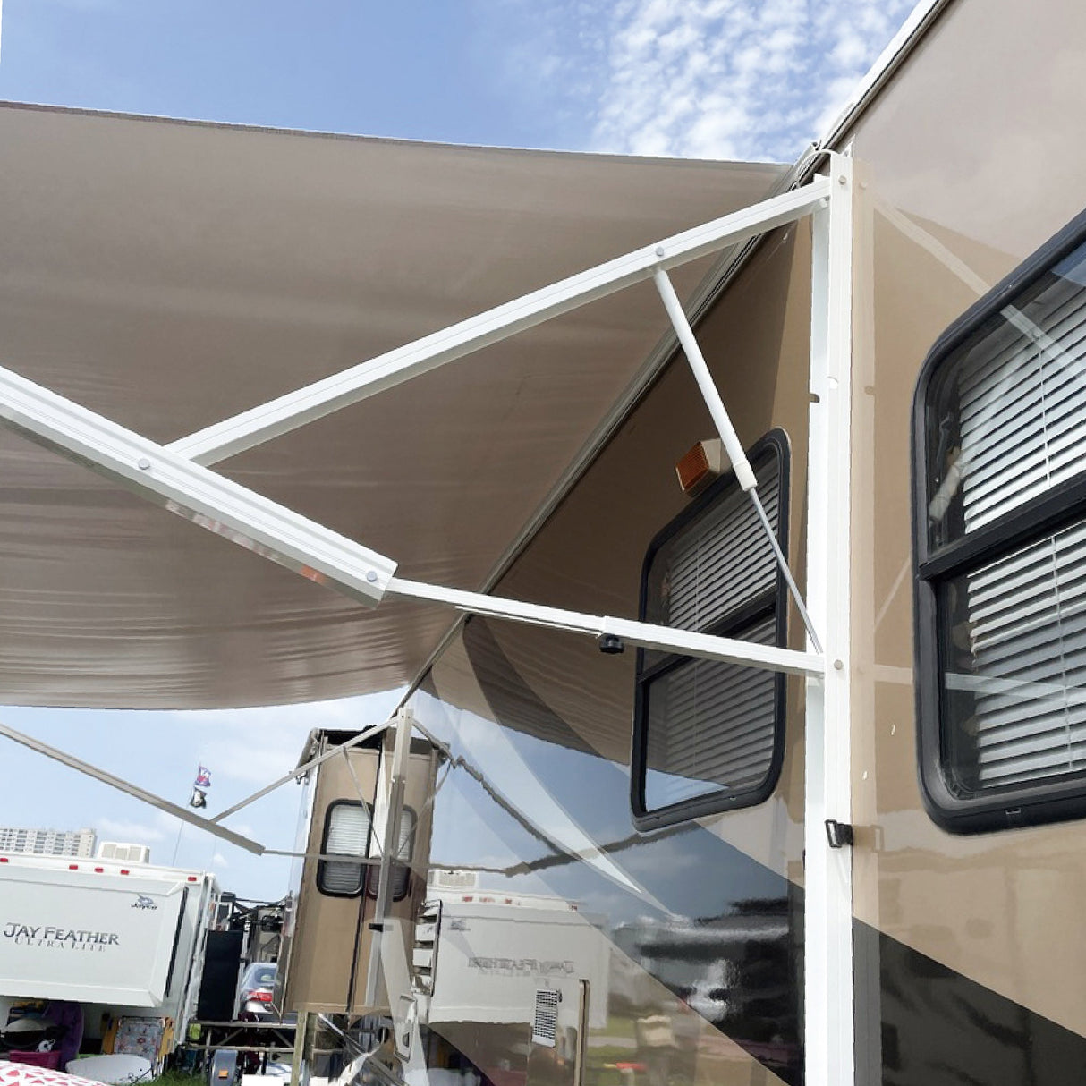 AWNLUX Electric RV Patio Awning - White Frame - AWNLUX  AWNLUX rv awning arms is featured creative design, high quality aluminum frame, strong and durable.