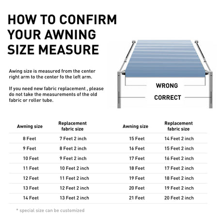 AWNLUX RV Patio Manual Awning - Black Frame - AWNLUX RV awning size chart Our RV awning replacement fabric is made from an 16 oz. military-grade coated vinyl, is UV/mildew resistant as well as anti-microbial. 