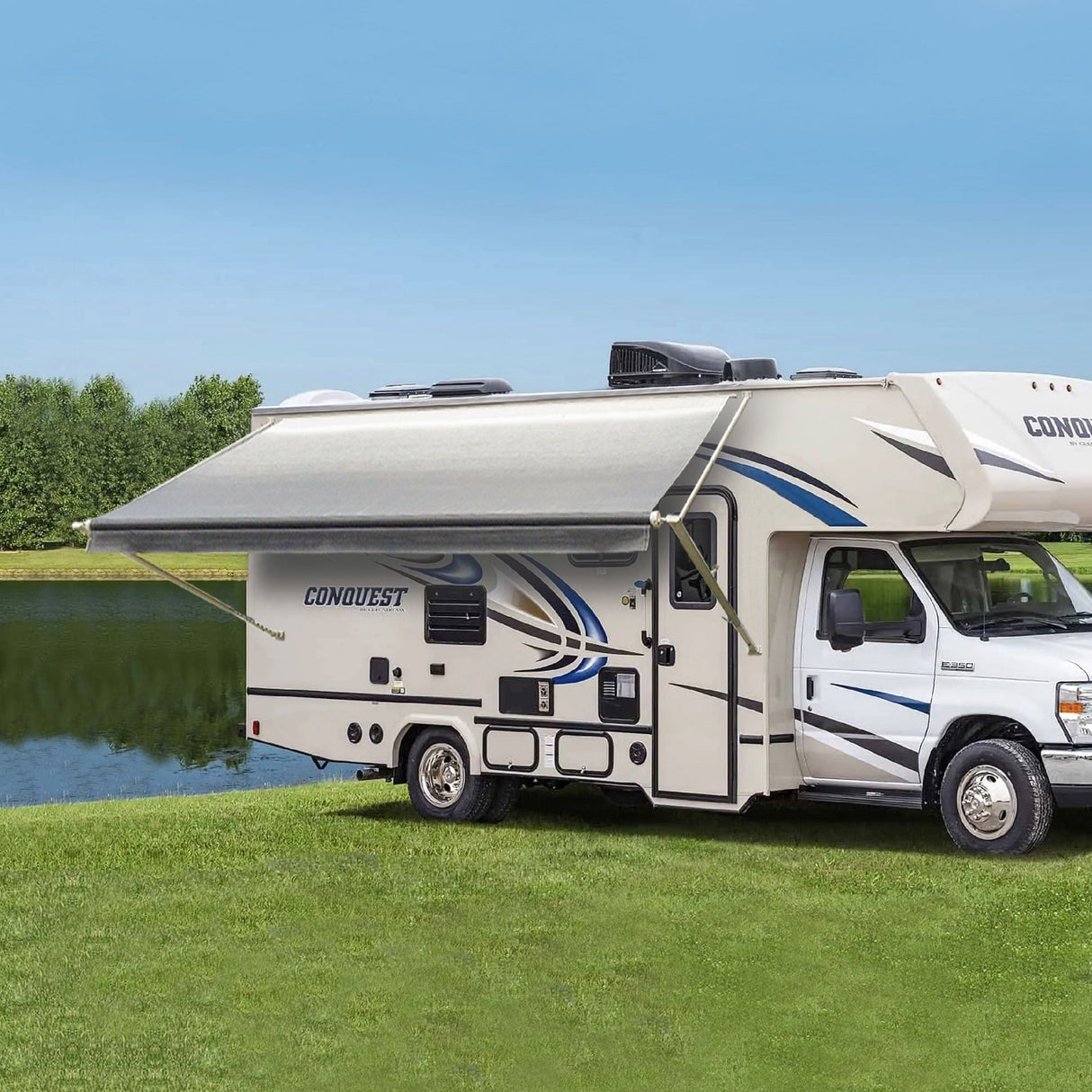 Easily extend or retract the RV awning by pulling the strap. It provides 100% UV-proof and waterproof protection, making it your ideal travel companion. AWNLUX RV Patio Manual Awning - White Frame - AWNLUX